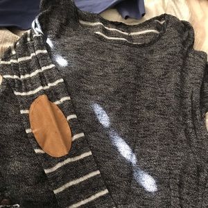 striped, gray sweater
